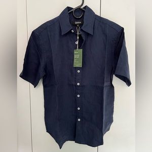 Quince Navy 100% Linen short sleeve button down (Small)